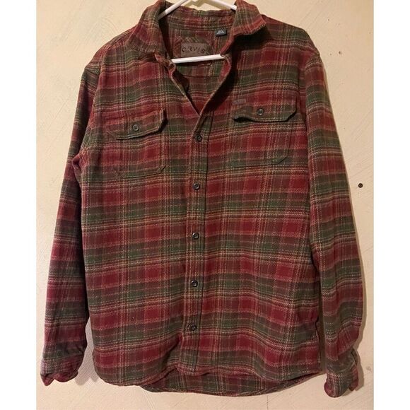Orvis Men’s L Thick Flannel Button Down Plaid Burgundy & Green shirt - Picture 2 of 6